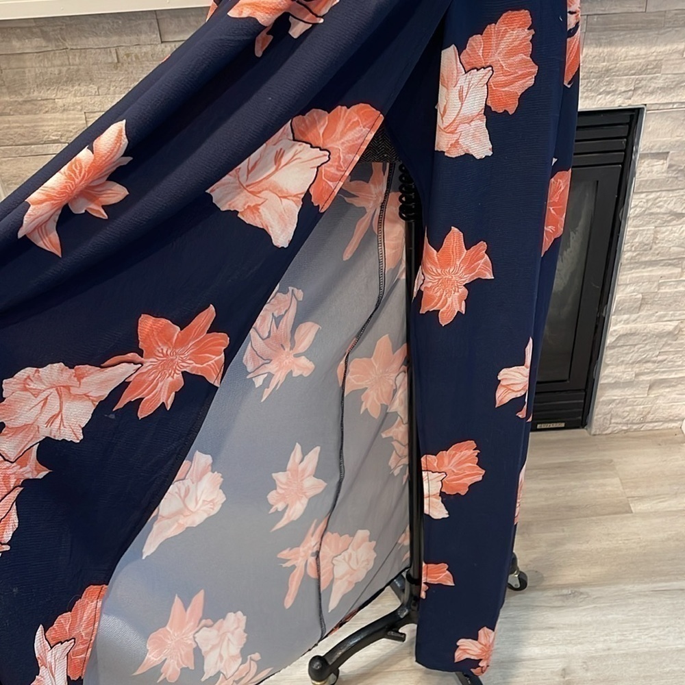 NAVY BLUE PINK FLORAL PLUNGE V NECK CRISSCROSS BACK HIGH SLIT MAXI DRESS Small - Picture 6 of 11